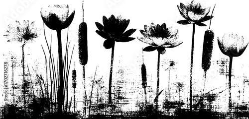 Black ink silhouette of water plants with lotus design for artistic projects