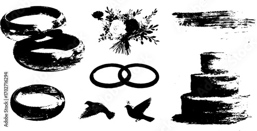 Artistic black ink silhouettes of wedding rings and bouquet with grunge accents