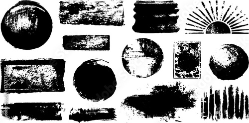 Abstract black ink symbol set with grunge collage fragments for urban art design