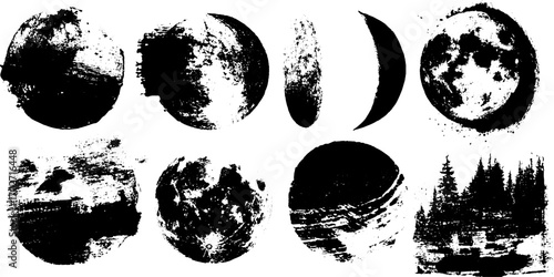 Black ink symbol set with crescent moons and full moon circles for artistic design