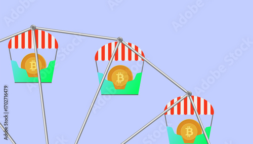 Illustration of Ferris wheel gondolas containing Bitcoin coins with striped awnings. Colorful digital art representing cryptocurrency investment ups and downs, market volatility, and financial ride co