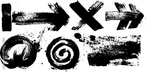 Chaotic black ink symbol set with directional arrows and abstract designs
