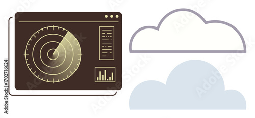 Radar interface with circular scanning display, data charts, and two clouds. Ideal for surveillance, meteorology, aviation, forecasting, data analysis cloud computing air traffic management. Simple