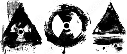 Grunge black ink symbol set featuring biohazard and radiation danger signs for urban design