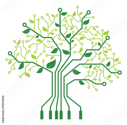 Digital tree illustration combining electronic circuits with organic leaves