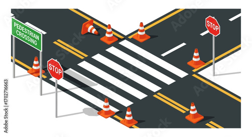Isometric vector illustration of pedestrian crossing with signs and cones on an asphalt road