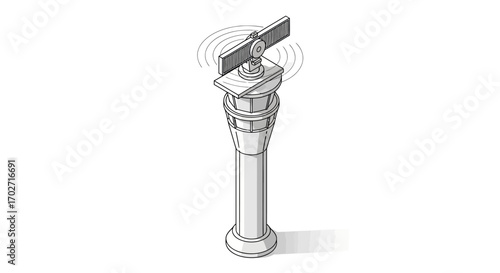 Gray isometric vector illustration of a rotating airport air traffic control tower sending radar signals