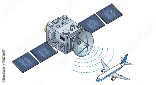 Isometric satellite transmitting signals to airliner, communication in blue vector design