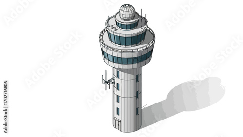 Airport control tower, isometric vector illustration of guidance infrastructure with glass observation deck.