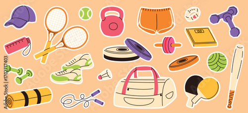 Stickers with the image of sports equipment and accessories. Weights, skipping rope, bag, sportswear, bottle, balls. Flat vector illustration.