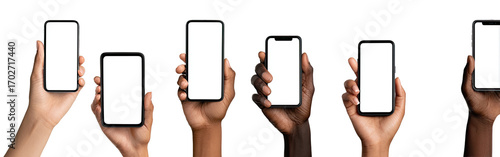 Diverse hands holding smartphones with blank screens