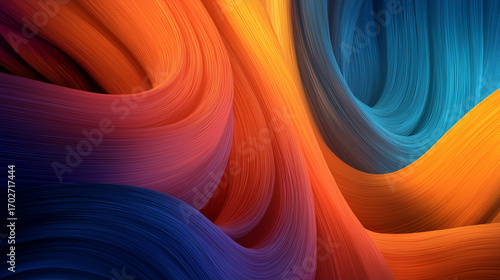 Curved lines of red, orange, blue, and teal intertwine to form dynamic shapes that evoke a sense of movement and energy in a striking abstract design.