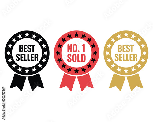 Vector illustration of best seller and number one sold circular award badges with stars and ribbons, signifying product achievement and market recognition
