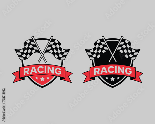 A set of two classic racing emblems featuring crossed checkered flags on a shield, complete with a red banner for text. Vector illustration for motorsport and automotive events
