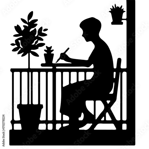 Minimalist silhouette of balcony desk with plant