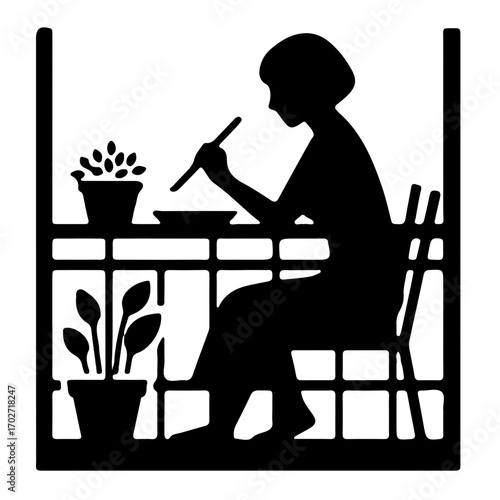 Minimalist pictogram of person working on balcony with potted plant