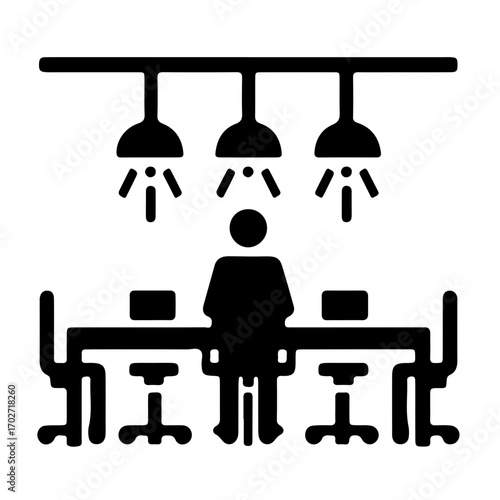 Minimalist pictogram of person working in meeting room with large table