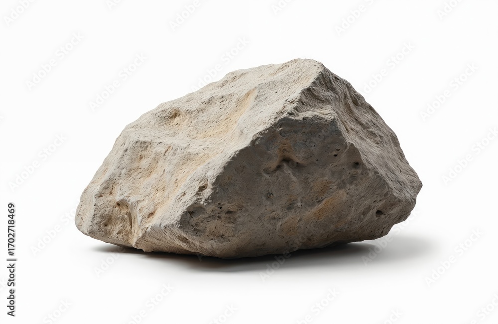 Fototapeta premium Raw limestone sedimentary rock isolated on white. Rough texture details, natural shades of gray and beige. Ideal for geology, construction tech, mining concepts.