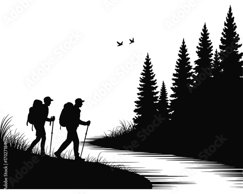Minimalist graphic design showcasing two hikers on an outdoor adventure by a river, surrounded by pine trees, evoking nature's tranquility and exploration
