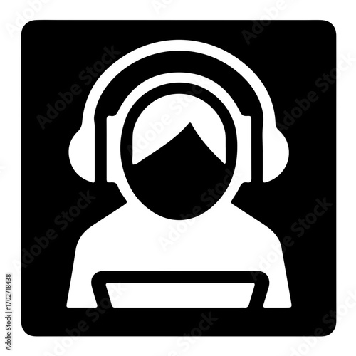 Minimalist pictogram of desk worker listening to music with headphones