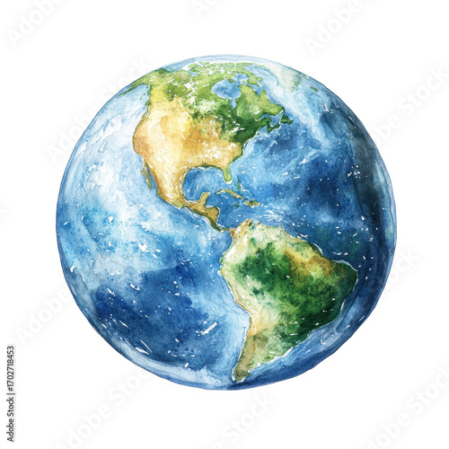 Watercolor Earth planet isolated on transparent background