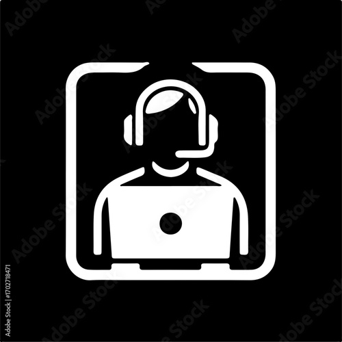 Minimalist pictogram of laptop user in headset during video call