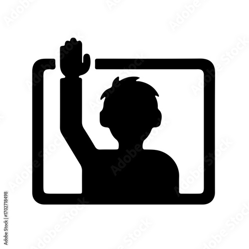 Minimalist pictogram of person raising hand in online meeting