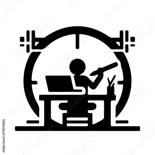 Minimalist icon of designer using laptop and stylus