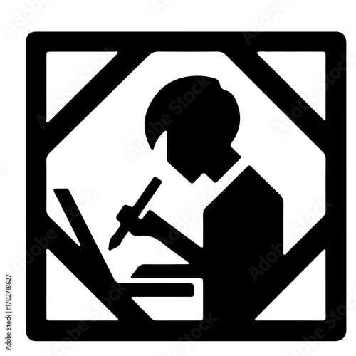 Minimalist pictogram of creative professional designing on laptop with stylus