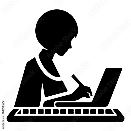 Minimalist pictogram of person doing graphic design on laptop with stylus