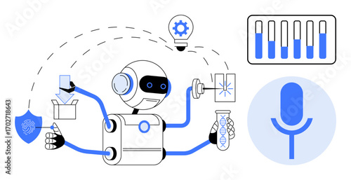 Robot performing tasks thumbs up data analysis, fingerprint scanning, light bulb innovation, and sound processing. Ideal for AI, innovation, data science, technology, robotics automation simple