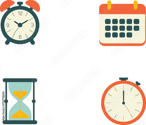 Time and scheduling icons featuring clock, calendar, and stopwatch