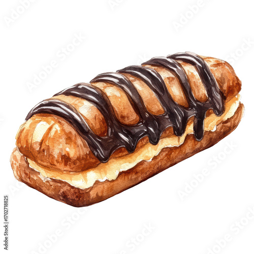 Watercolor illustration of eclair isolated on transparent background