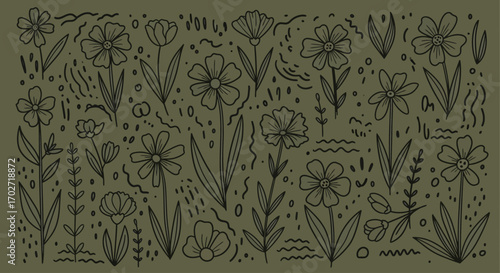手描き落書き風の花と植物要素の花柄パターン｜装飾的で魅力的な背景デザイン