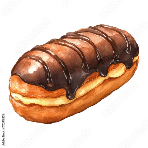 Watercolor illustration of eclair isolated on transparent background