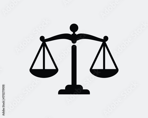 Black and white minimalist illustration of a balanced scale, symbolizing justice, law, and equality