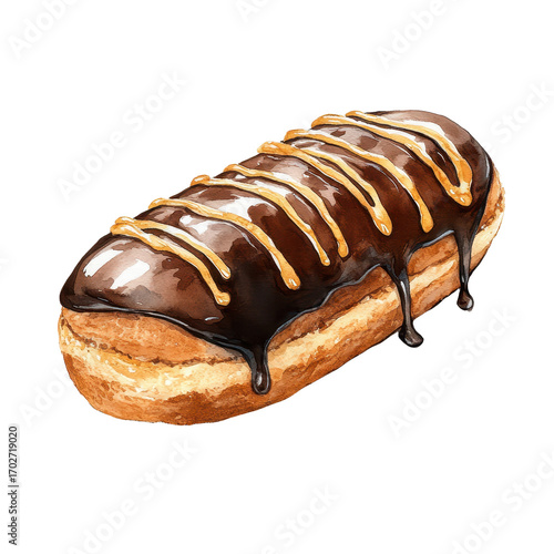 Watercolor illustration of eclair isolated on transparent background