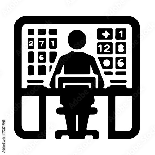 Minimalist pictogram of person working on spreadsheet with numeric keypad