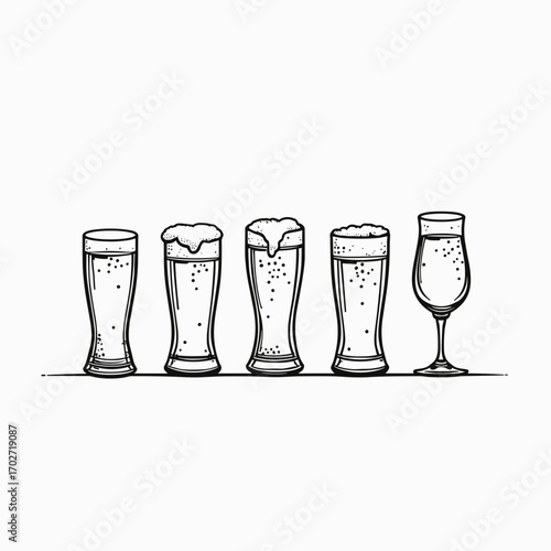 Variety of beer glasses in different shapes and sizes on white background  