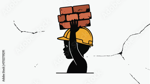 Silhouette of child laborer carrying bricks on head wearing hard hat in construction industry safety