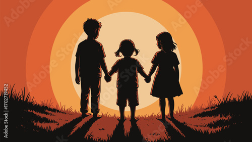 Three children holding hands watching vibrant sunset over the horizon, friendship and togetherness concept