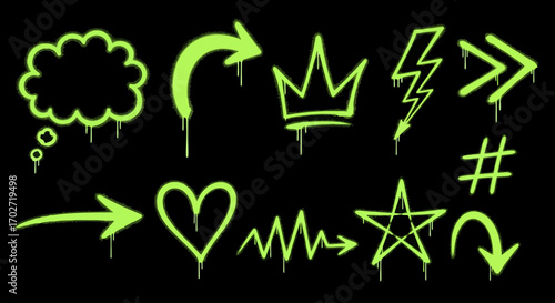 ネオングリーンのドリッピング・グラフィティベクターセット｜矢印・王冠・ハート・稲妻・吹き出し付き