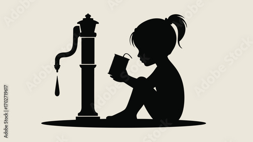 Thirsty child drinking from tin can by old water pump, a symbol of poverty and limited resources