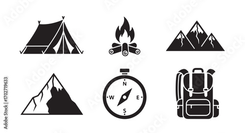Adventure Essentials: A collection of vector-illustrated icons celebrating the spirit of outdoor exploration, featuring a tent, bonfire, mountains, compass, and backpack in a minimalistic.