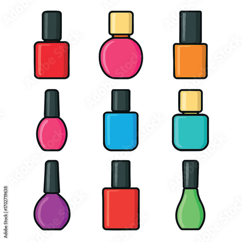 A vibrant collection of colorful nail polish bottle icons, a flat design vector set for beauty, manicure, and cosmetic concepts