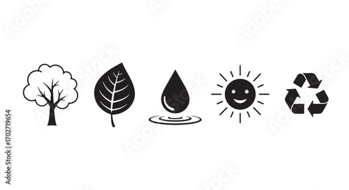 Nature's Essentials: A minimal yet potent visual representing the fundamental elements of nature: tree, leaf, water drop, sun, and recycling icon.