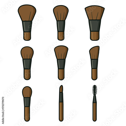 Collection of makeup brushes and applicators for cosmetic application