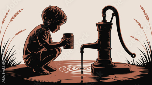 Little boy collecting water from well for a sustainable future, symbolizing hope and resilience