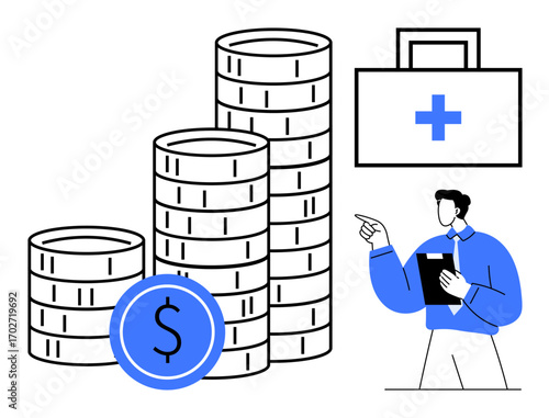 Stacks of coins symbolize money, medical briefcase for healthcare, man with clipboard indicating strategy. Ideal for budgeting, financial advice, healthcare investment, savings, planning