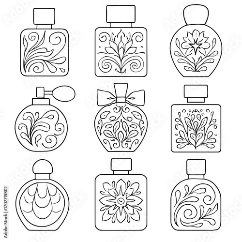 A collection of hand-drawn perfume bottles with intricate floral doodles, a black and white line art set for coloring pages